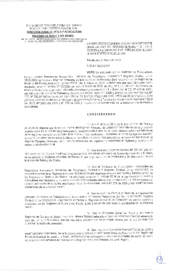 Res Ex N° 0023-2020, (DZP VIII), Autoriza cesión Sardina Común y Anchoveta Región de Ñuble-Biobío (Publicado en Página Web 10-03-2020)