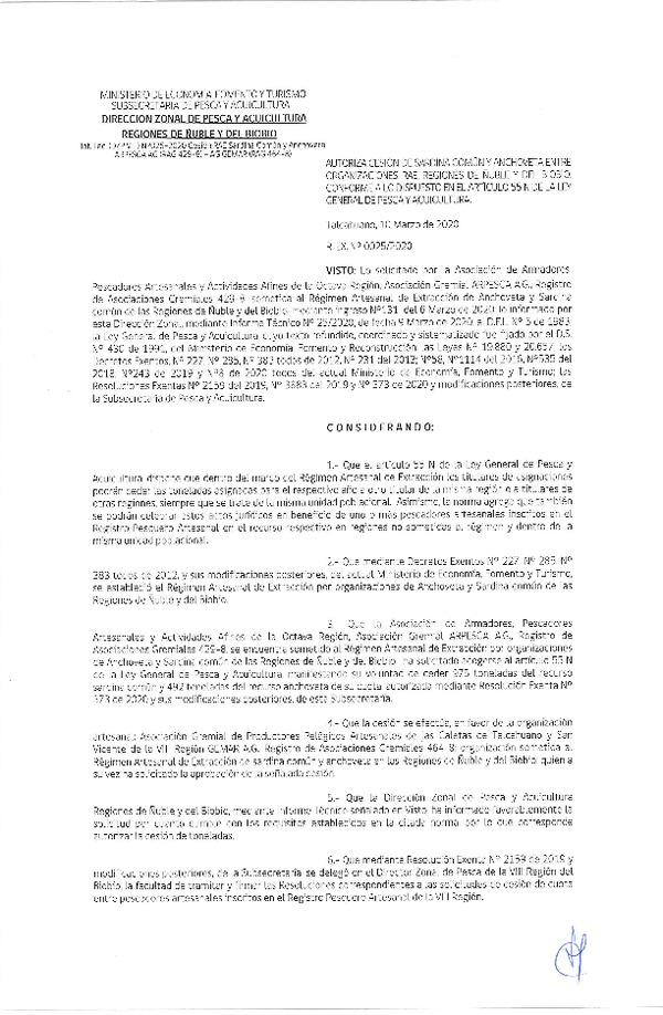 Res Ex N° 0025-2020, (DZP VIII), Autoriza cesión Sardina Común y Anchoveta Región de Ñuble-Biobío (Publicado en Página Web 10-03-2020)