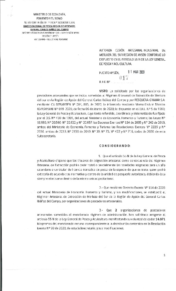 Res. Ex N° 017-2020 Autorizan cesión artesanal-industrial de merluza del sur Región de Aysén conforme lo dispuesto en el artículo 55 n de la Ley General de Pesca y Acuicultura (Publicado en Pagina web 11-03-2020)