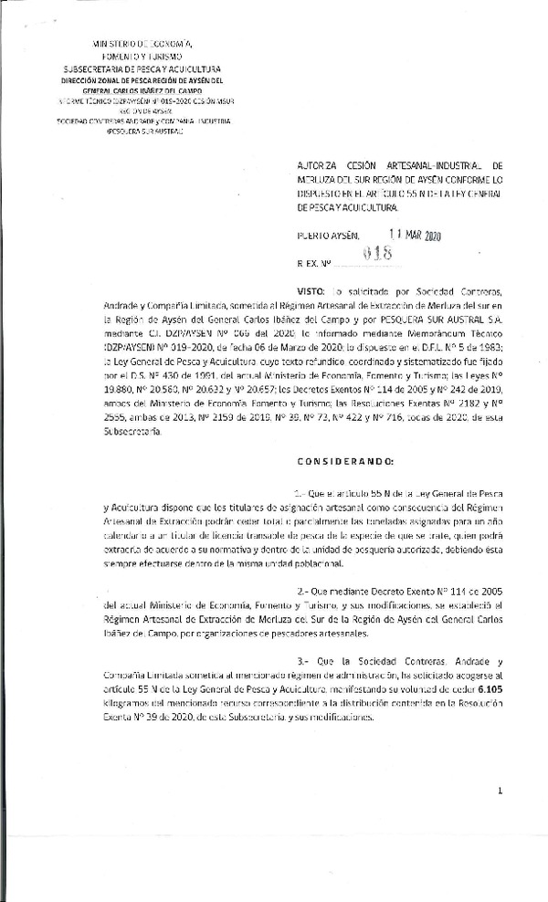 Res. Ex N° 018-2020 Autorizan cesión artesanal-industrial de merluza del sur Región de Aysén conforme lo dispuesto en el artículo 55 n de la Ley General de Pesca y Acuicultura (Publicado en Pagina web 11-03-2020)