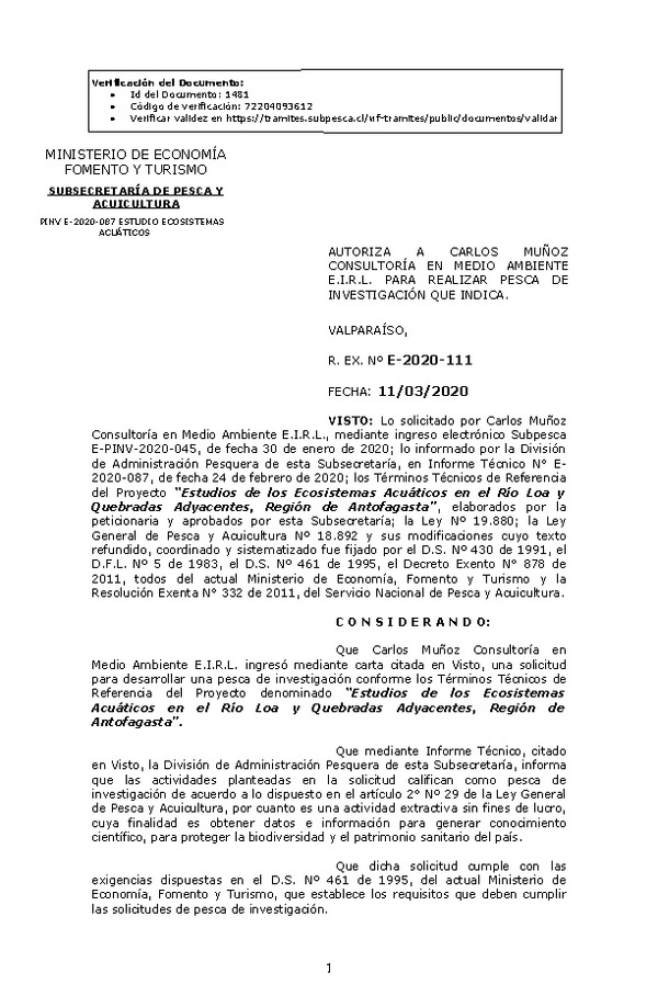 R. EX. Nº E-2020-111 Estudios de los Ecosistemas Acuáticos en el Río Loa y Quebradas Adyacentes, Región de Antofagasta. (Publicado en Página Web 11-03-2020)