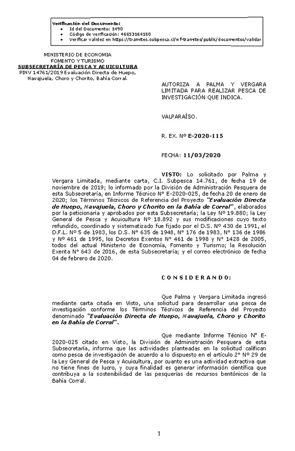 R. EX. Nº E-2020-115 Evaluación Directa de Huepo, Navajuela, Choro y Chorito en la Bahía de Corral. (Publicado en Página web 11-03-2020)