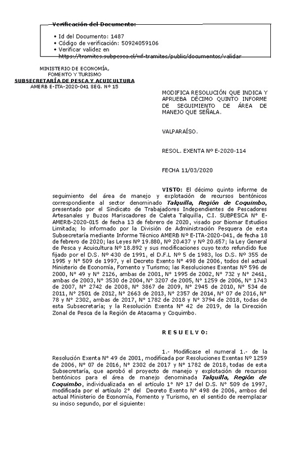 RESOL. EXENTA Nº E-2020-114 15° Seguimiento. (Publicado en Página web 11-03-2020)