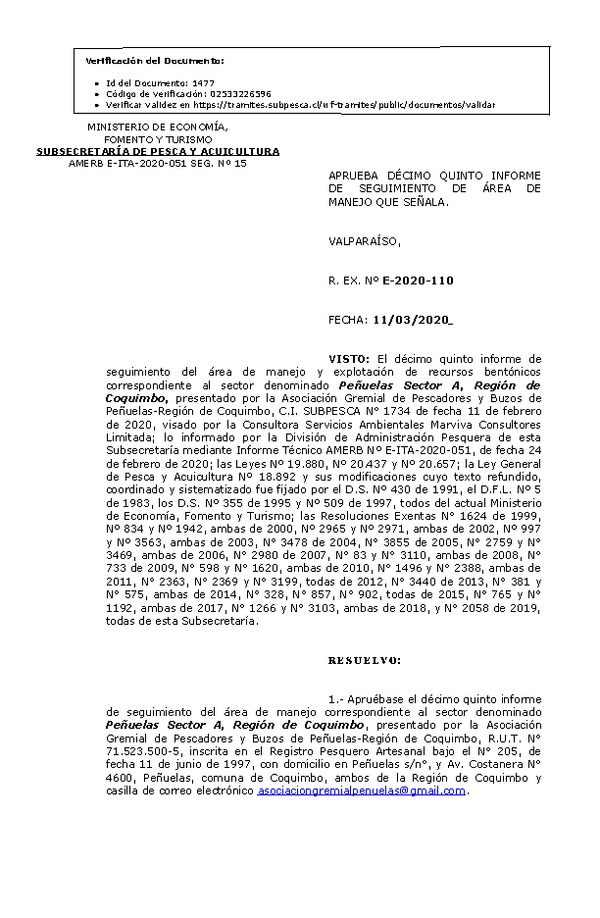 RESOL. EXENTA Nº E-2020-110 15° Seguimiento. (Publicado en Página web 11-03-2020).