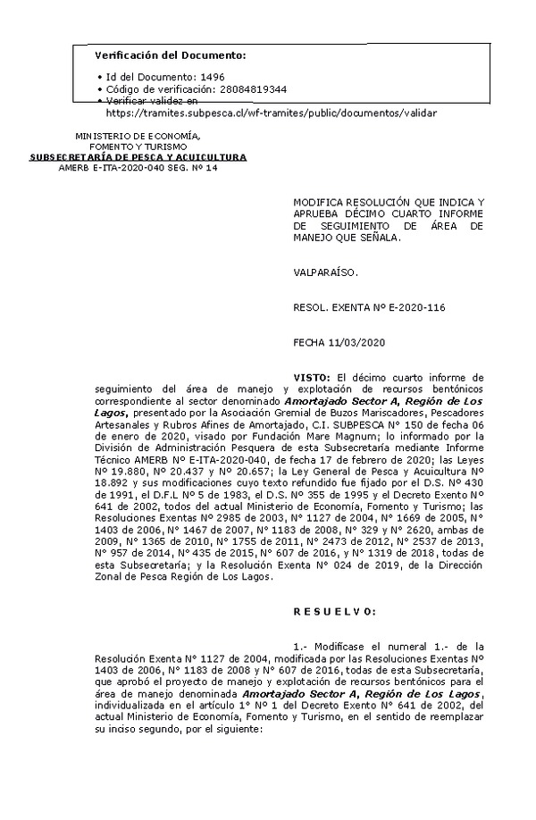 RESOL. EXENTA Nº E-2020-116 14° Seguimiento (Publicado en Página web 11-03-2020).