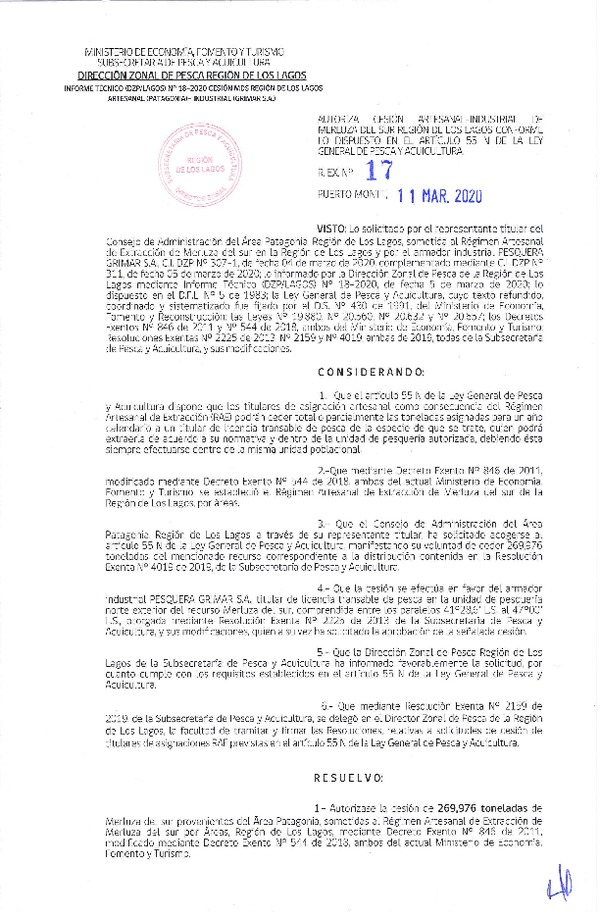 Res. Ex N° 17-2020 (DZP Los Lagos) Autorizan cesión de merluza del sur Región de Los Lagos. (Publicado en Pagina web 12-03-2020).