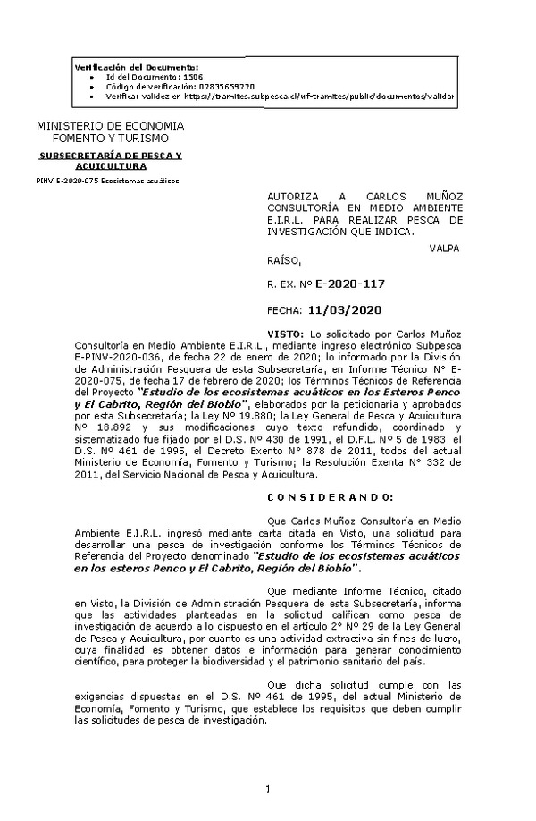 R. EX. Nº E-2020-117 Estudio de los ecosistemas acuáticos en los Esteros Penco y El Cabrito, Región del Biobío. (Publicado en Página Web 12-03-2020)