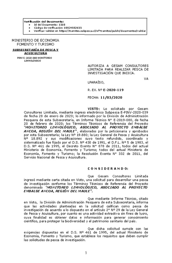 R. EX. Nº E-2020-119 Monitoreo Limnológico, Asociado Al Proyecto Embalse Ancoa, Región Del Maule. (Publicado en Página Web 12-03-2020).