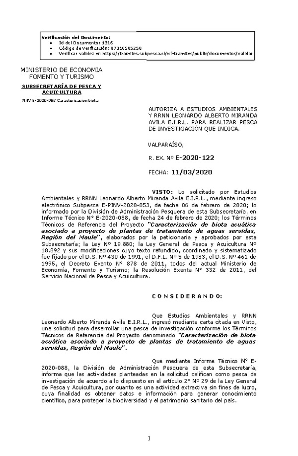 R. EX. Nº E-2020-122 Caracterización de biota acuática asociado a proyecto de plantas de tratamiento de aguas servidas, Región del Maule. (Publicado en Página Web 12-03-2020).