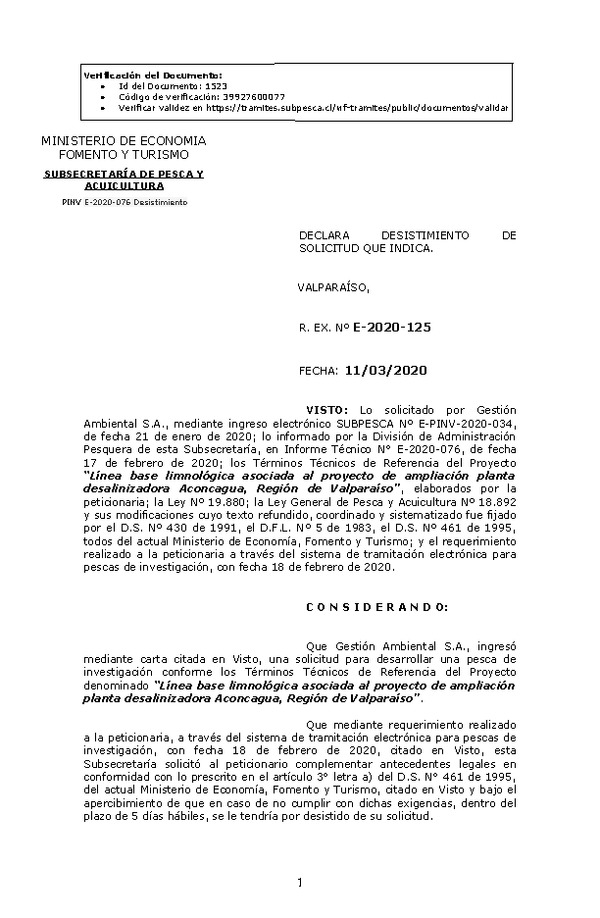 R. EX. Nº E-2020-125 Declara Desistimiento de Solicitud que Indica. (Publicado en Página Web 12-03-2020).