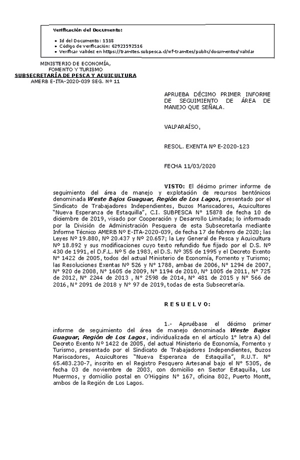 RESOL. EXENTA Nº E-2020-123 11° Seguimiento. (Publicado en Página web 12-03-2020).