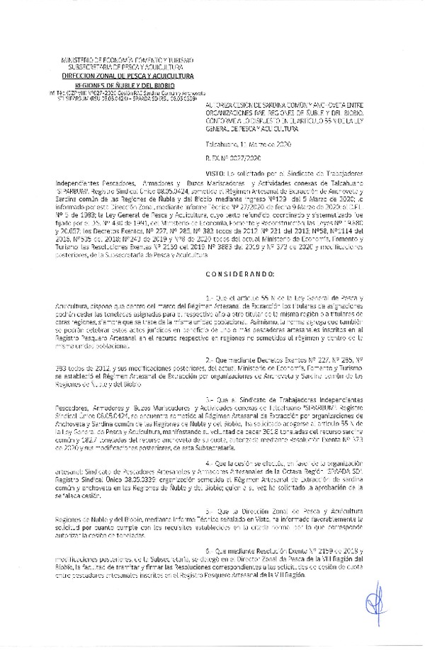 Res Ex N° 0027-2020, (DZP VIII), Autoriza cesión Sardina Común y Anchoveta Región de Ñuble-Biobío (Publicado en Página Web 12-03-2020)