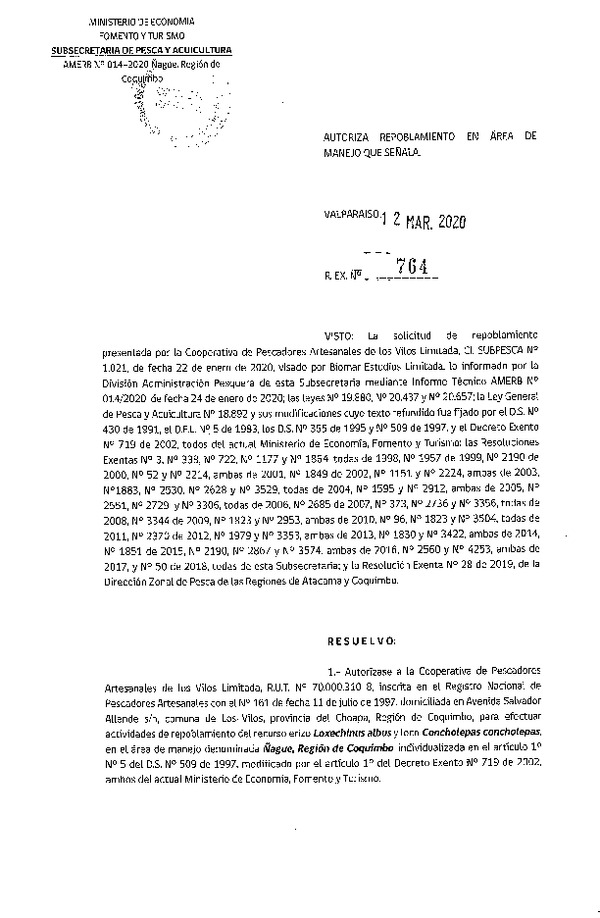 Res. Ex. N° 764-2020 Autoriza repoblamiento. (Publicado en Página Web 12-03-2020).