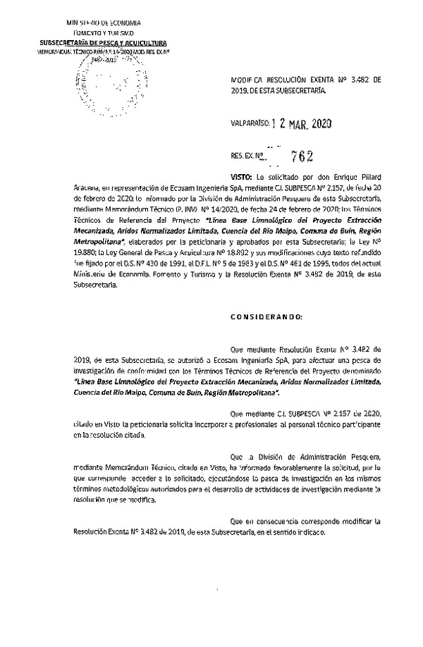 Res. Ex. N° 762-2020 Modifica Res. Ex. N° 3482-2019 Línea base limnológico, R.M.