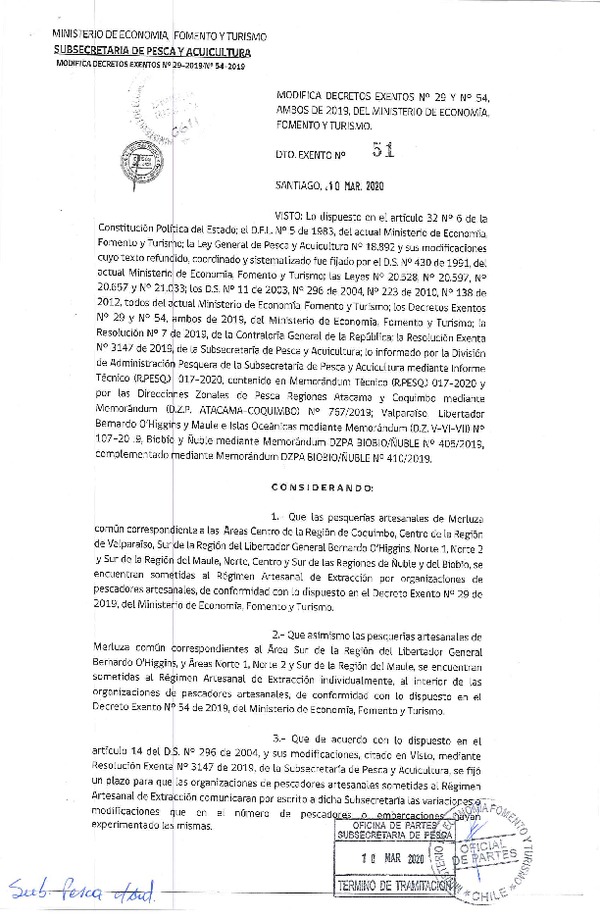 Dec. Ex. N° 51-2020 Modifica Dec. Ex. N° 29 y 54, Ambos de 2019, Establece Régimen Artesanal de Extracción Por Organización Pesquería Merluza Común, 2019-2028. (Publicado en Página Web 12-03-2020) (F.D.O. 18-03-2020)