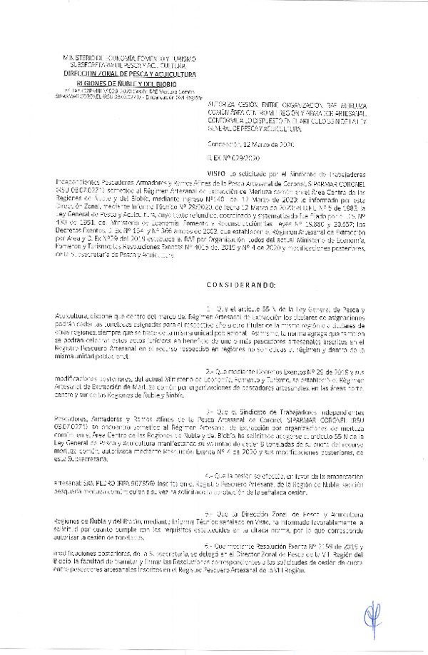 Res. Ex. N° 0029-2020 (DZP VIII) Autoriza cesión Merluza común Región del Ñuble-Biobío. (Publicado en Página Web 13-03-2020)