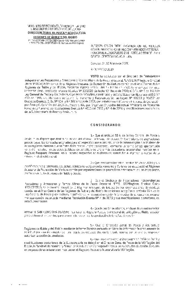 Res. Ex. N° 0032-2020 (DZP VIII) Autoriza cesión Merluza común Región del Ñuble-Biobío. (Publicado en Página Web 16-03-2020)