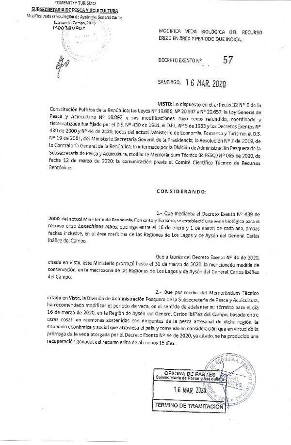 Dec. Ex. N° 57-2020 Modifica Dec. Ex. N° 439-2000 Prorroga de Veda Biológica del Recurso Erizo, Regiones de Los Lagos y Aysén del General Carlos Ibáñez del Campo. (Publicado en Página Web 17-03-2020) (F.D.O. 20-03-2020)Dec. Ex. N° 57-2020 Modifica Dec. Ex. N° 44-2020 Prorroga de Veda Biológica del Recurso Erizo, Regiones de Los Lagos y Aysén del General Carlos Ibáñez del Campo. (Publicado en Página Web 17-03-2020) (F.D.O. 20-03-2020)