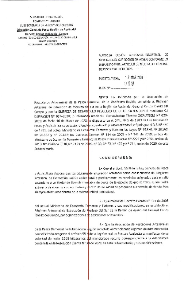 Res. Ex. N° 019-2020 (DZP Región de Aysén) Autoriza cesión Merluza del Sur (Publicado en Página Web 17-03-2020).