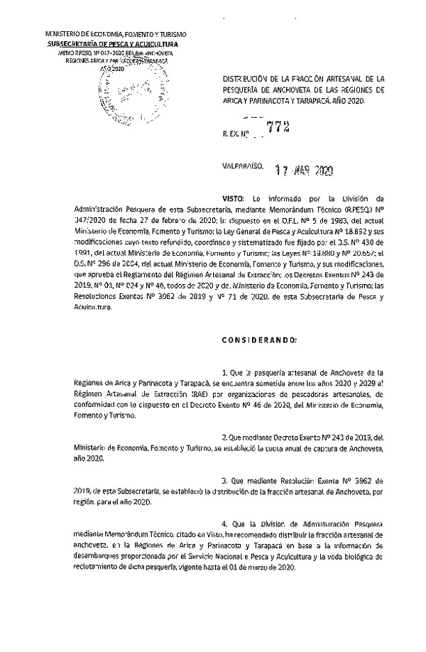 Res. Ex. N° 772-2020 Distribución de la Fracción Artesanal de Pesquería de Anchoveta en las Regiones Arica y Parinacota y Tarapacá, Año 2020. (Publicado en Página Web 17-03-2020) (F.D.O. 24-03-2020)