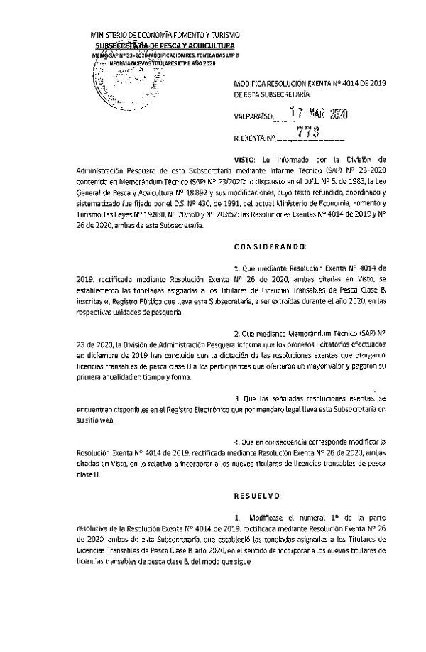 Res. Ex. N° 773-2020 Modifica Res. Ex. N° 4014-2019 Establece Toneladas para Titulares de LTP clase B Año 2020. (Publicado en Página Web 17-03-2020) (F.D.O. 24-03-2020)