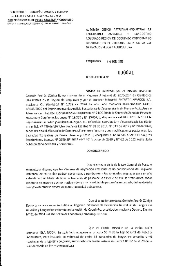 Res. Ex. N° 01-2020 (DZP Atacama y Coquimbo) Autoriza Cesión Langostino Amarillo y Langostino Colorado. (Publicado en Página Web 17-03-2020)