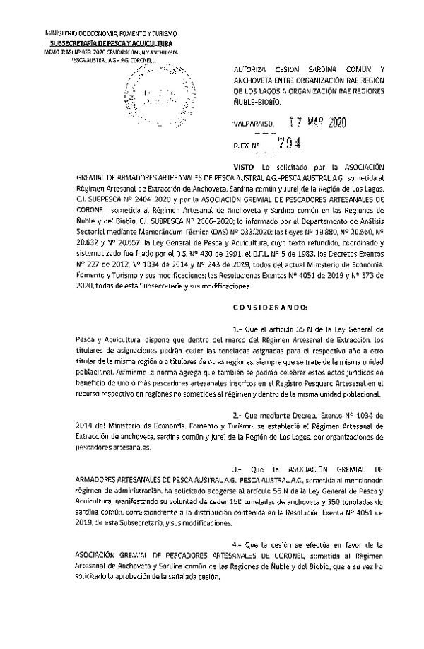 Res Ex N° 794-2020, Autoriza cesión Anchoveta y Sardina Común Regiones de Los Lagos a Ñuble-Biobío. (Publicado en Página Web 18-03-2020).