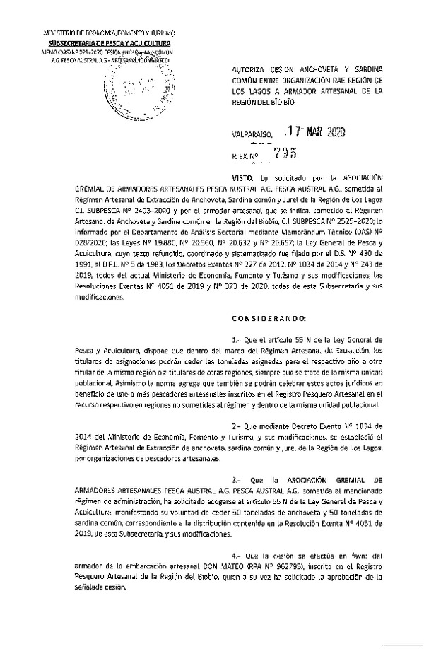 Res Ex N° 795-2020, Autoriza cesión Anchoveta y Sardina Común Regiones de Los Lagos a Ñuble-Biobío. (Publicado en Página Web 18-03-2020).