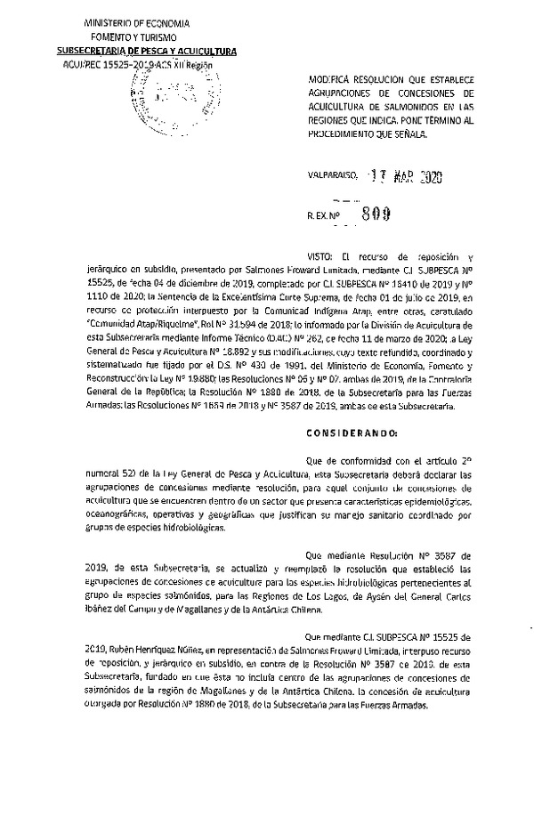 Res. Ex. N° 809-2020 Modifica Res. Ex. N° 3587-2019 Actualiza y Reemplaza Resolución que Establece Agrupaciones de Concesiones de Acuicultura de Salmónidos en las Regiones que Indica. (Publicado en Página Web 18-13-2020) (F.D.O. 24-03-2020)