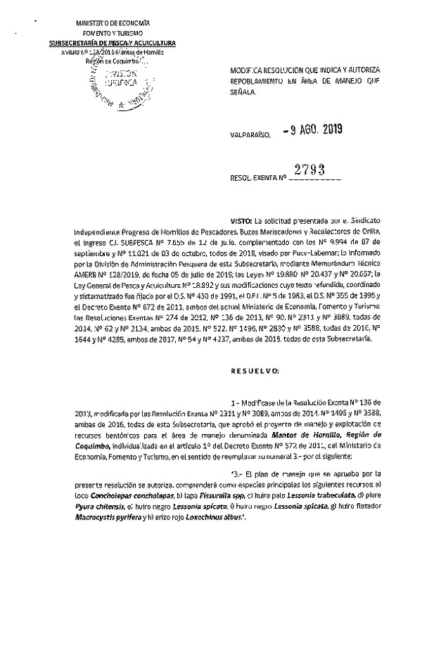 Res. Ex. N° 2793-2019 Modifica Res. Ex. N° 136-2013 y Autoriza Repoblamiento.