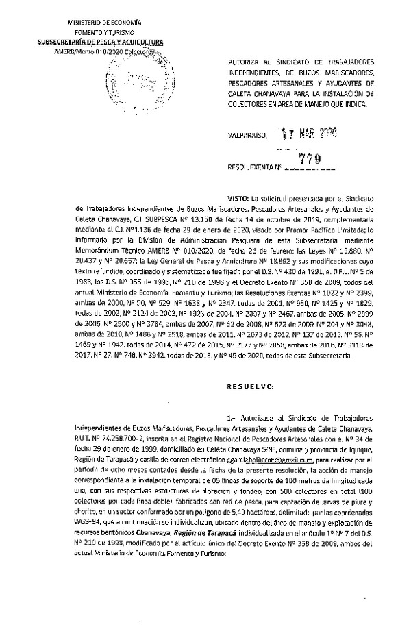 Res. Ex. N° 779-2020 Instalación de Colectores. (Publicado en Página Web 18-03-2020)