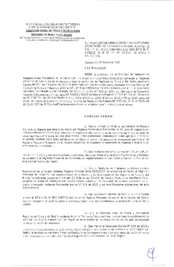 Res Ex N° 0033-2020, (DZP VIII), Autoriza cesión Sardina Común y Anchoveta Región de Ñuble-Biobío (Publicado en Página Web 18-03-2020)