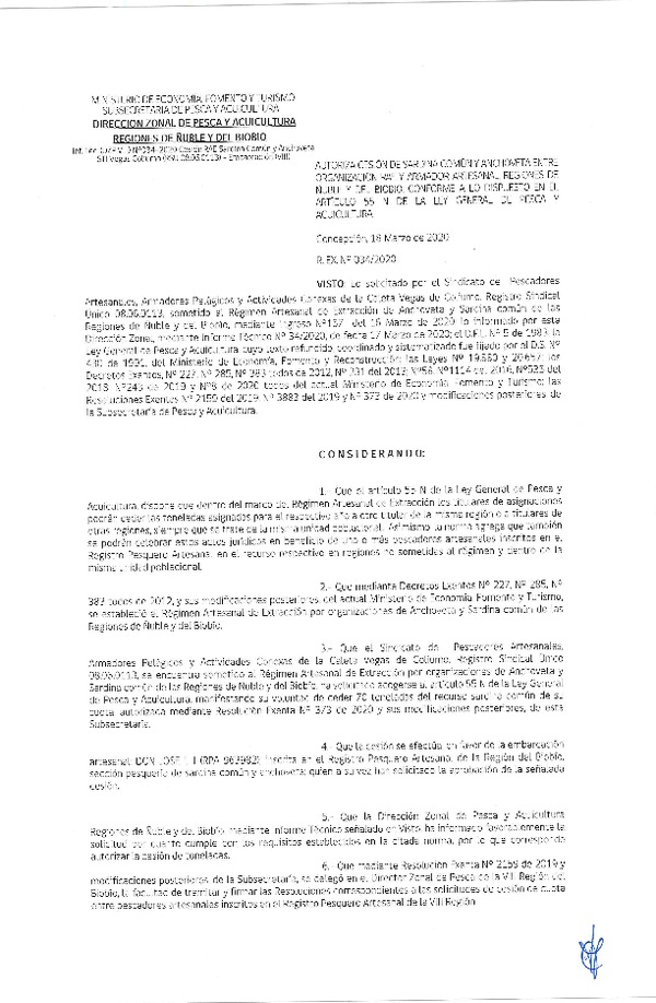 Res Ex N° 0034-2020, (DZP VIII), Autoriza cesión Sardina Común y Anchoveta Región de Ñuble-Biobío (Publicado en Página Web 18-03-2020)