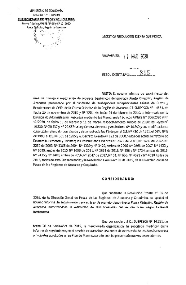 Res. Ex. N° 815-2020 Modifica Res. Ex. N° 05-2019 (DZP Atacama y Coquimbo). Publicado en Página Web 18-03-2020)
