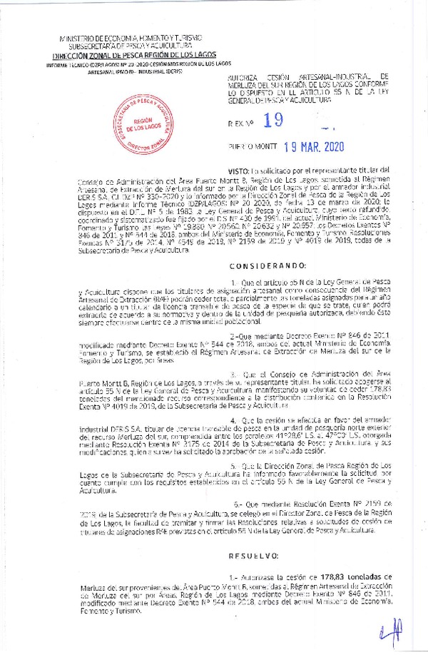 Res. Ex N° 19-2020 (DZP Los Lagos) Autoriza cesión de merluza del sur Región de Los Lagos. (Publicado en Pagina web 19-03-2020).