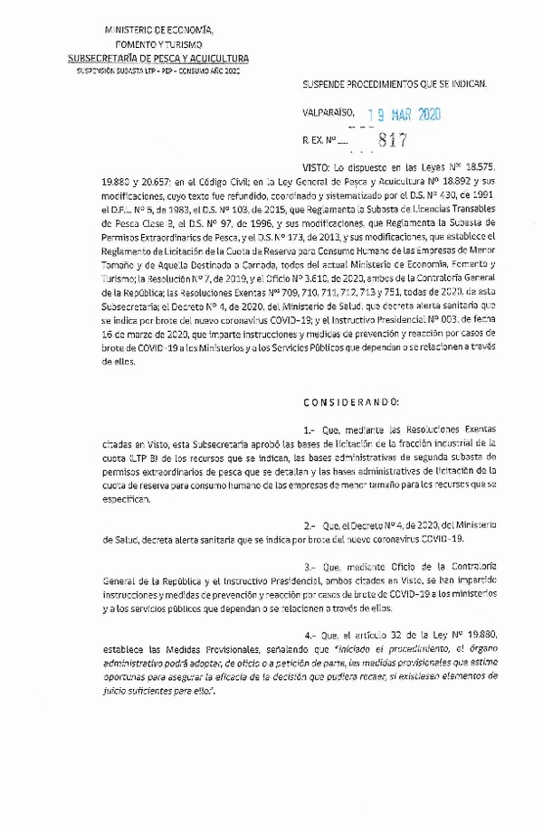 Res. Ex. N° 817-2020 Suspende Procedimientos que Indica. (Publicado en Página Web 19-03-2020).