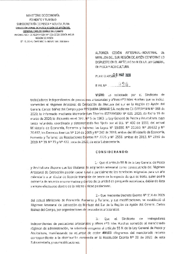 Res. Ex. N° 020-2020 (DZP Región de Aysén) Autoriza cesión Merluza del Sur (Publicado en Página Web 20-03-2020).