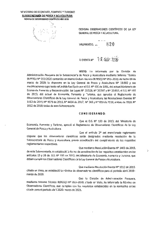 Res. Ex. N° 820-2020 Designa Observadores Científicos de la Ley General de Pesca y Acuicultura Año 2020. (Publicado en Página Web 20-03-2020) (F.D.O. 26-03-2020)