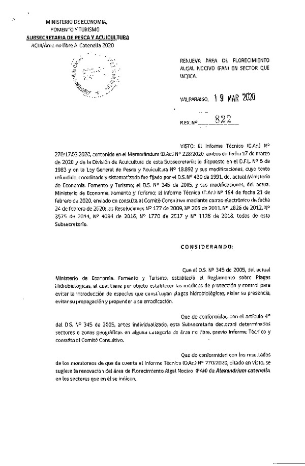 Res. Ex. N° 822-2020 Renueva Área de Florecimiento Algal Nocivo (FAN) en Sector que Indica. (Publicado en Página Web 20-03-2020) (F.D.O. 26-03-2020)