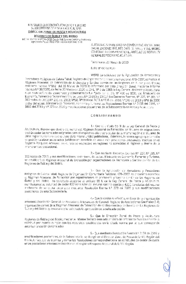 Res Ex N° 0036-2020, (DZP VIII), Autoriza cesión Sardina Común y Anchoveta Región de Ñuble-Biobío (Publicado en Página Web 23-03-2020)