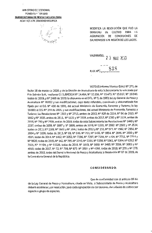 Res. Ex. N° 838-2020 Modifica Res. Ex. N° 760-2019 Fija Densidad de Cultivo para la Agrupación de Concesiones de Salmónidos 17B, Región de Los Lagos. (Con Informe Técnico) (Publicado en Página Web 24-03-2020)