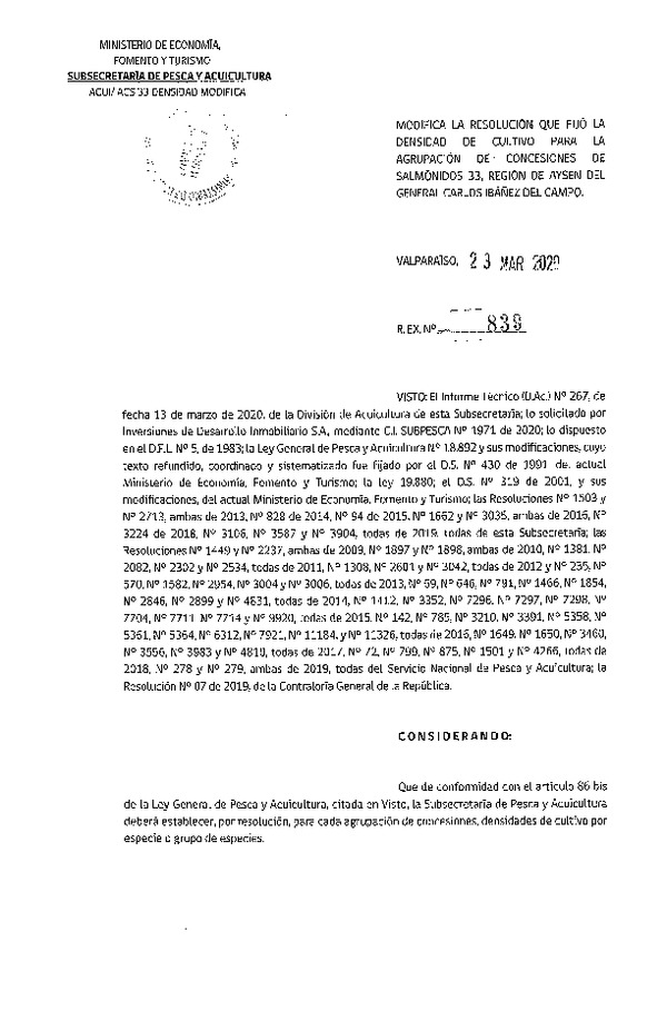 Res. Ex. N° 839-2020 Modifica Res. Ex. N° 3106-2019 Fija Densidad de Cultivo para la Agrupación de Concesiones de Salmónidos 33, Región de Aysén del General Carlos Ibañez del Campo. (Con Informe Técnico) (Publicado en Página Web 24-03-2020) (F.D.O. 26-03-2020)