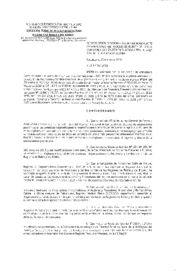 Res Ex N° 0037-2020, (DZP VIII), Autoriza cesión Sardina Común y Anchoveta Región de Ñuble-Biobío (Publicado en Página Web 24-03-2020)