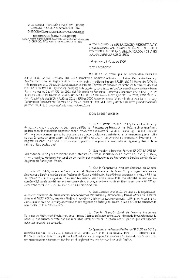 Res Ex N° 0038-2020, (DZP VIII), Autoriza cesión Sardina Común y Anchoveta Región de Ñuble-Biobío (Publicado en Página Web 24-03-2020)