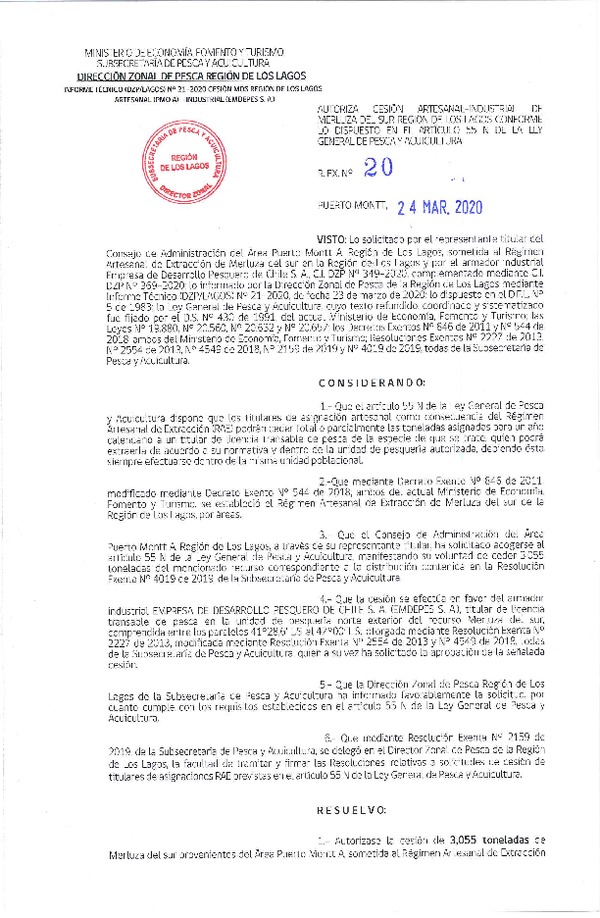 Res. Ex. N° 020-2020 (DZP Región de Los Lagos) Autoriza cesión Merluza del Sur (Publicado en Página Web 24-03-2020).