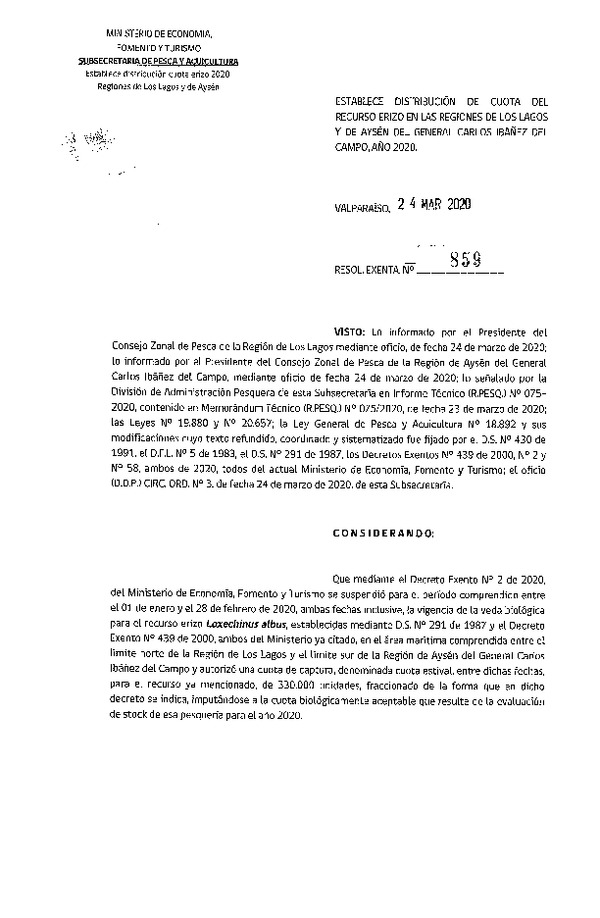 Res. Ex. N° 859-2020 Establece Distribución Cuota del Recurso Erizo, Regiones de Los Lagos y de Aysén del General Carlos Ibañez del Campo, Año 2020. (Publicado en Página Web 24-03-2020) (F.D.O. 27-03-2020)