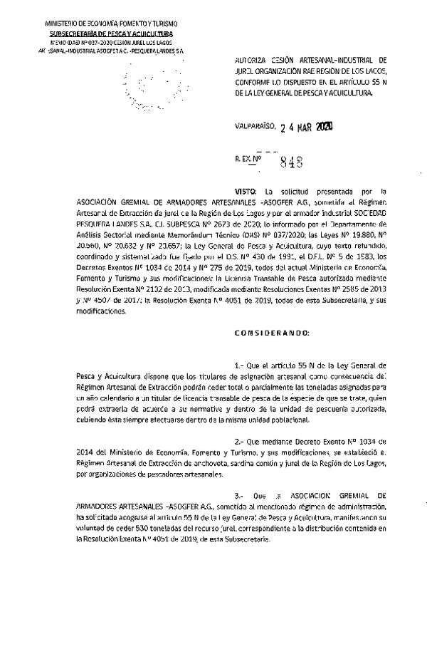 Res Ex N° 848-2020, Autoriza Cesión de Jurel Región de Los Lagos. (Publicado en Página Web 25-03-2020).