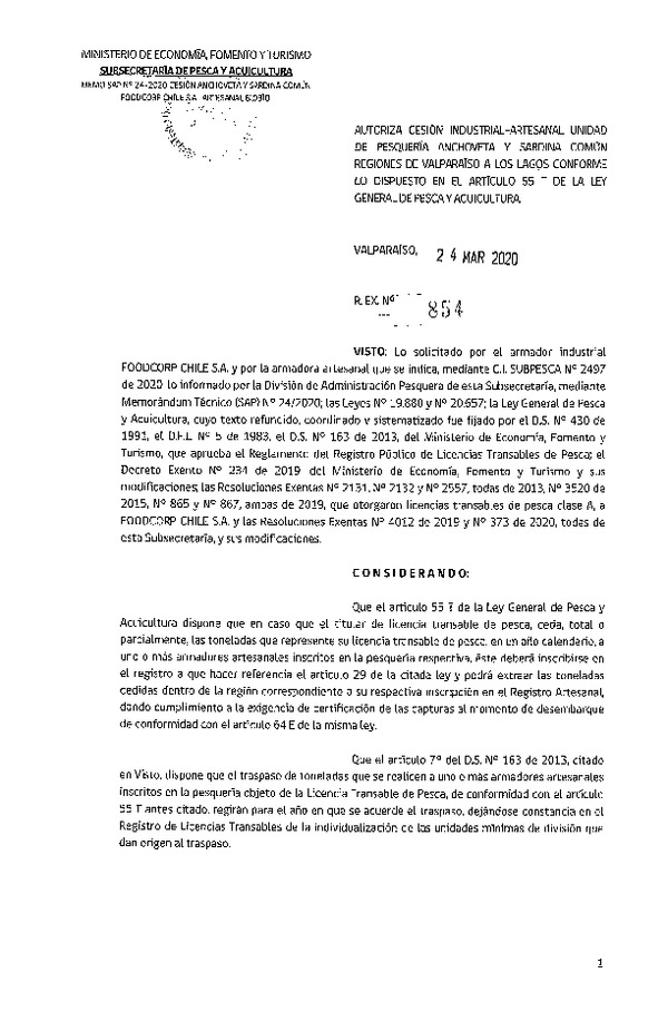 Res. Ex N° 854-2020, Autoriza Cesión anchoveta y sardina común Regiones Valparaíso-Los Lagos (Publicado en Página Web 25-03-2020).