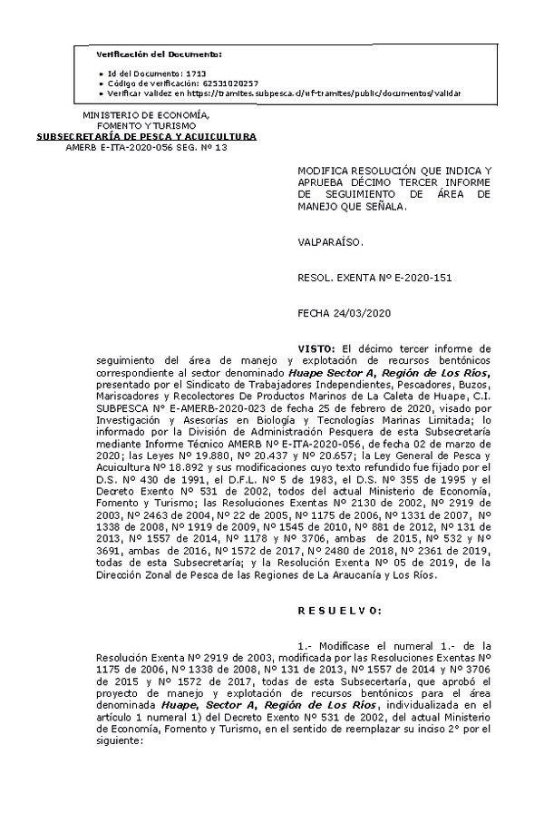 RESOL. EXENTA Nº E-2020-151 Modifica Resolución que Indica. Aprueba 13° Seguimiento. (Publicado en Página Web 25-03-2020)