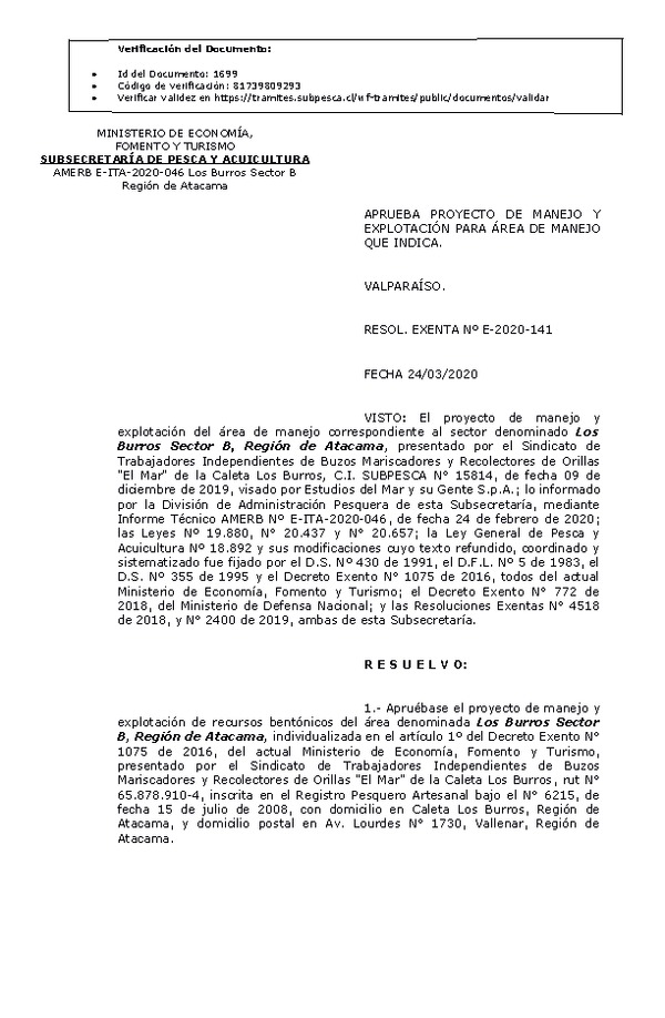 RESOL. EXENTA Nº E-2020-141 Plan de Manejo. (Publicado en Página Web 25-03-2020)